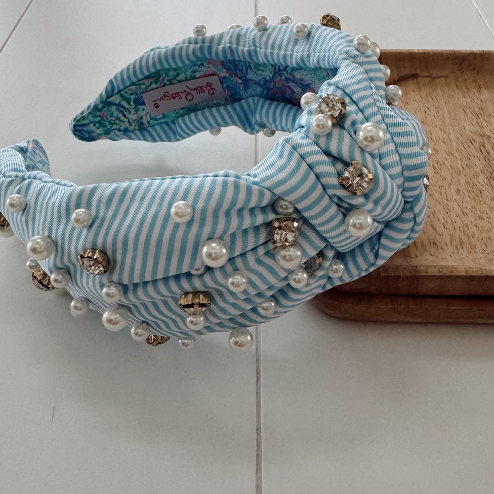 Lilly Pulitzer Blue Striped Headband with Pearls and Rhinestones